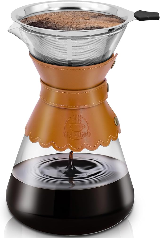 34oz Pour Over Coffee Maker with Double Layer Stainless Steel Filter Borosilicate Glass Dripper Detachable Heat-Resistant Leather Pad 7-8 Cups Coffee Maker Carafe（Light brown）