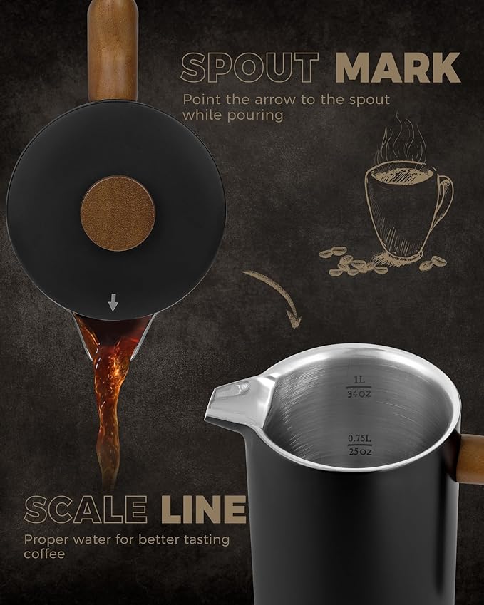 POLIVIAR French Press Coffee Maker 34 Ounce Coffee Press with Real Wood Handle Double Wall Insulation &amp Dual- Filter Screen Food Grade Stainless Steel for Good Coffee and Tea (Vintage)