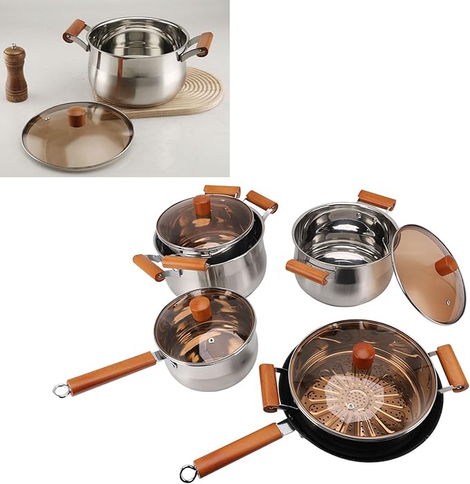 Stainless Steel Cookware Set with Wooden Handle Even Heat Distribution for Efficient Kitchen Cooking Multifunctional Pot for Steaming Boiling Soup Making