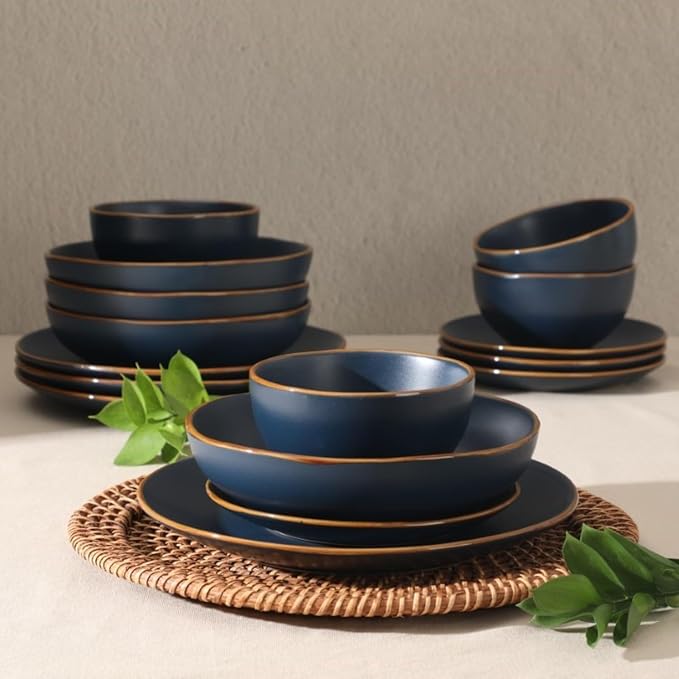 Gibson Home Hazeltine 16-Piece Navy Blue Stoneware Dinnerware Set – Plates and Bowls Durable Ceramic Kitchen Dinner Set