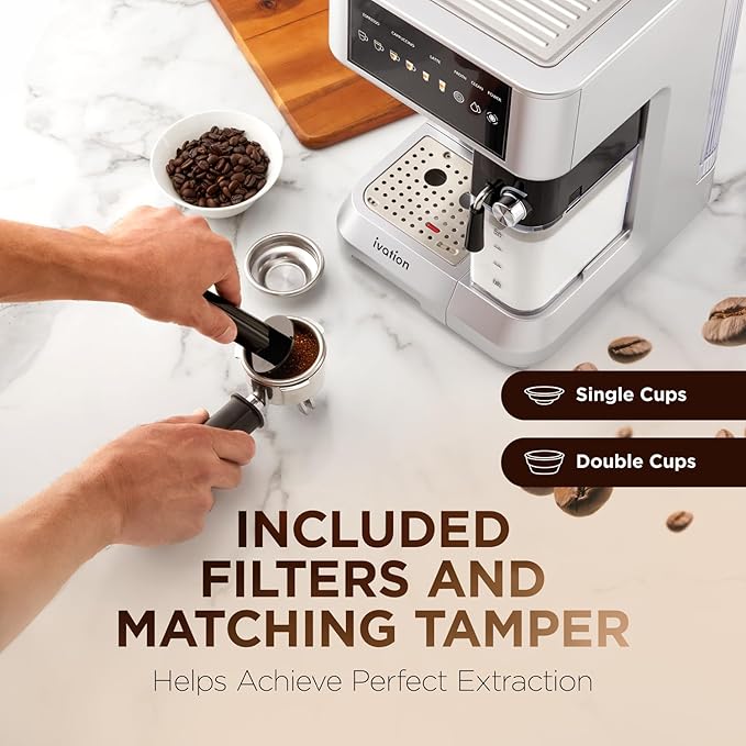 Ivation Espresso &amp Cappuccino Maker w/Milk Frother | 58mm | Coffee Machine for Home | Single &amp Double Shots | Espresso Cappuccino Latte &amp Froth | Auto-Clean &amp Descale - Detachable M