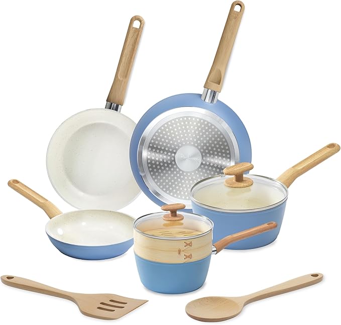 GoodCook 10-Piece Healthy Ceramic Titanium-Infused Cookware Set Light Blue – Pots Pans Steamer Spoon &amp Turner – Induction Cookware Kitchen Pots &amp Pans Set Nonstick Cooking Pan Set