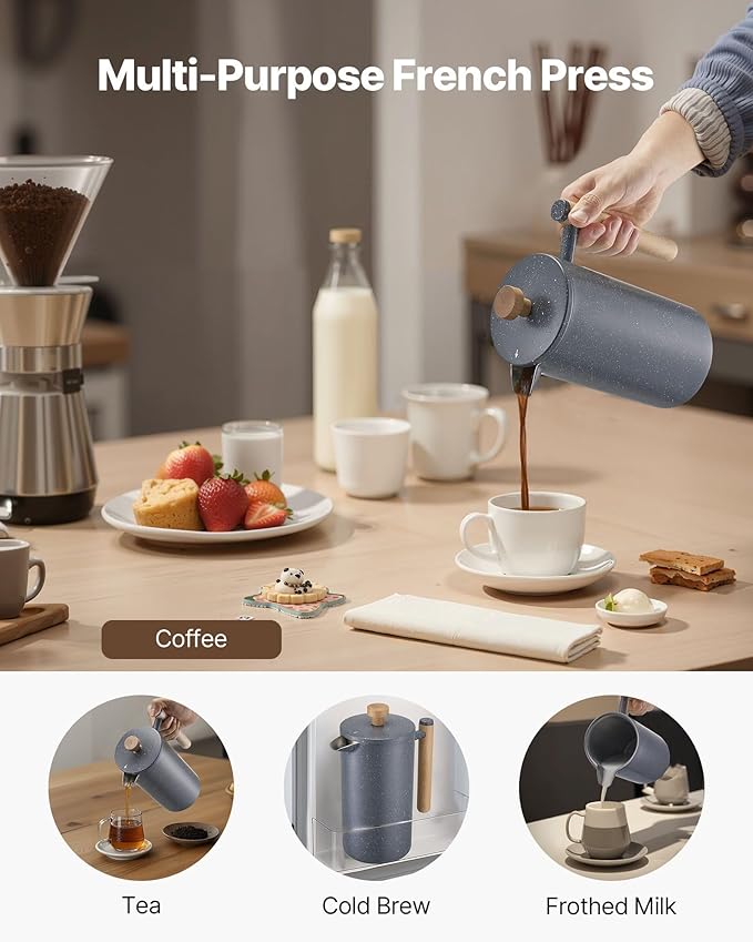 34 oz Stainless Steel French Press Coffee Maker Double Wall Insulated for Hot &amp Cold Brew with Precision Filter for Grounds-Free Coffee and Tea Dishwasher Safe