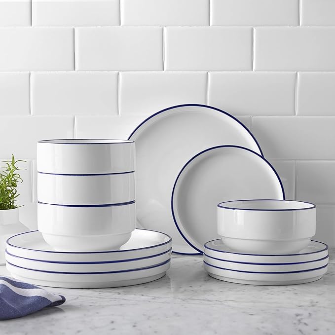 CNEIESD12-Piece Blue-Rim Glazed Stoneware Dinnerware Set – Modern Minimalist Home Dining