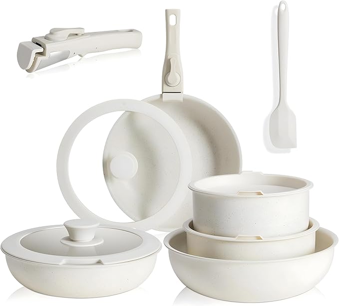 YSSOA 12Pcs Pots and Pans Set Nonstick Cookware Sets White Granite Induction Cookware with Detachable Handle Oven Safe PFAS and PFOA Free Beige