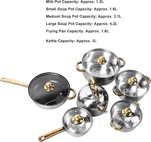 12 Pcs Pots and Pans Set Stainless Steel Kitchen Cookware Set with Lid kitchen Cooking Sets Compatible with Gas Electric and Induction
