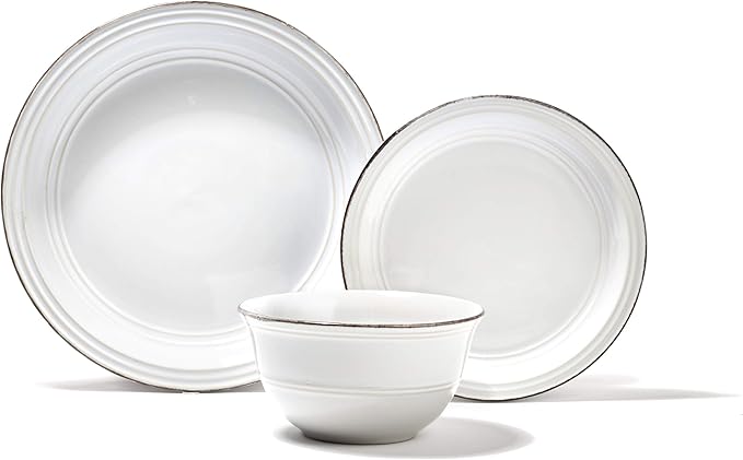 American Atelier Madelyn Casual Round Dinnerware Set – 12-Piece Stoneware Party Collection w/ 4 Dinner Salad Plates &amp 4 Bowls – Unique Gift Idea White