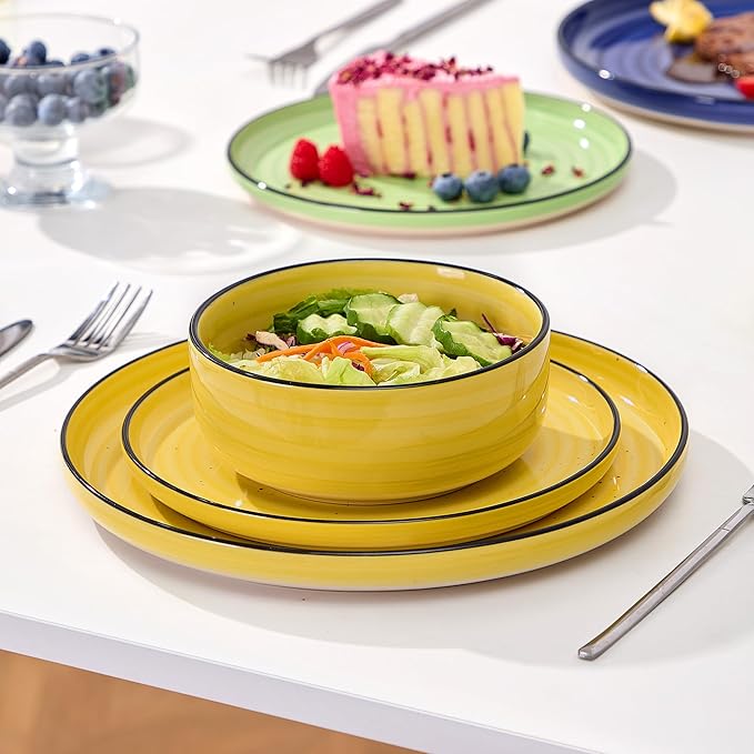 Bonita Dinnerware Sets 18 Pieces Blue Stoneware Dishes Set for 6 Plates Set and Bowls Sets Dishwasher and Microwave Safe (Vibrant 18 large)