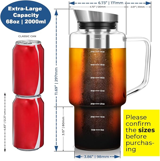 Aquach 68oz Cold Brew Coffee Tea Maker Glass Pitcher &amp Stainless Steel Filter Dishwasher Safe Iced Coffee Tea Maker with Airtight Lid and Large Handle