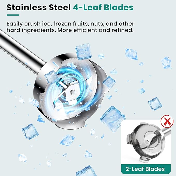 1800W Immersion Blender Handheld 4-in-1 Hand Blender Stick for Ice Crushing Smoothie Baby Food Soup 8 Speed Hand Mixer Turbo Boost Stainless Steel Blade with Whisk Chopper Beaker