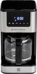 West Bend Drip Coffee Maker Brews Hot or Iced Programmable with Brew Strength Selector Auto Shut-Off and 6 Functions Permanent Mesh Filter and Glass Carafe 12-Cup Metallic