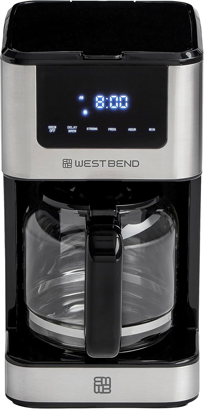 West Bend Drip Coffee Maker Brews Hot or Iced Programmable with Brew Strength Selector Auto Shut-Off and 6 Functions Permanent Mesh Filter and Glass Carafe 12-Cup Metallic