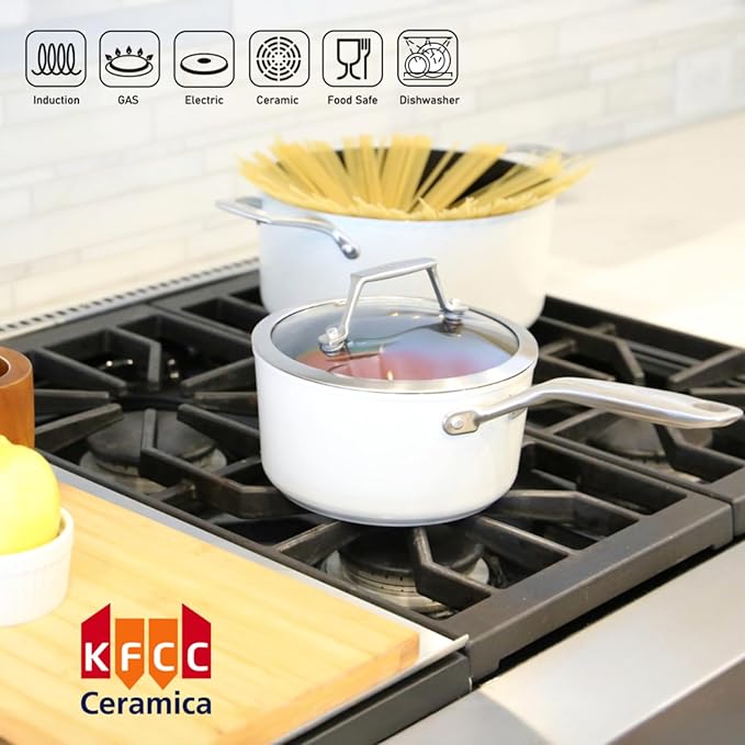 TeChef ValenCera Collection | 2-quart Ceramic Nonstick Saucepan with Glass Lid Nontoxic - Nontoxic - Free of PFAS PFOA PTFE (Saucepan 2-Qt)