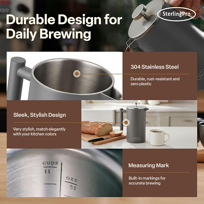 Stainless Steel French Press Coffee Maker 1.5 L (51 oz) Grey – Double Walled Insulated Large Coffee Press Durable Design Keeps Drinks Hot Easy to Use and Clean for Rich Flavor Brewing