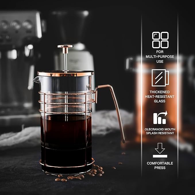 French Press 34 Ounce (1000ml) Coffee Maker Glass Rose Gold Coffee Press Heat Resistant Borosilicate Glass Tea Maker and 3 layers Filter Coffee Pot for Camping Travel Gifts