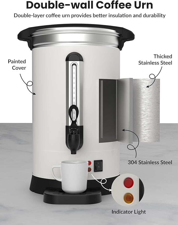 GarveeHome 80 Cups Coffee Urn12 L/3.2 gal Double Wall Commerical Coffee Maker for Buffet Catering Wedding GatheringLarge Capacity Hot Coffee DispenserStainless Steel Hot Water Urn