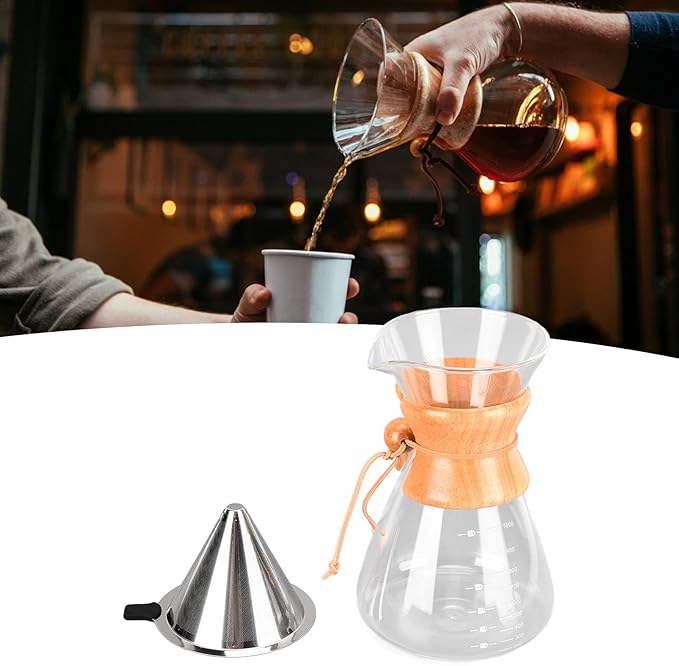 Pour Over Coffee Maker Coffee Dripper Brewer Paperless Glass Carafe Coffee Pot with Stainless Steel Filter &amp Wood Sleeve for Home Travel(1000ml)
