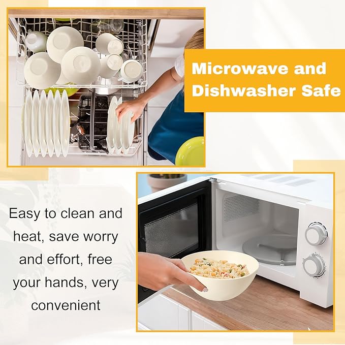 LemonRoad 12 Set College Dorm Dishes Essential Kit Plates and Bowls Back to School Beige Room Dishes Set with Storage Mesh Bag Cup Microwave Dinnerware Picnic for RV Camping