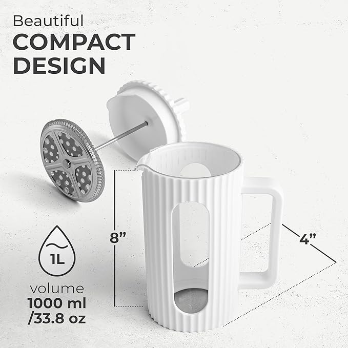 Kaffe French Press Coffee Maker (34oz / 1L) - Borosilicate Glass and BPA-Free Plastic Coffee Press - White - Lightweight Travel &amp Camping Coffee Maker