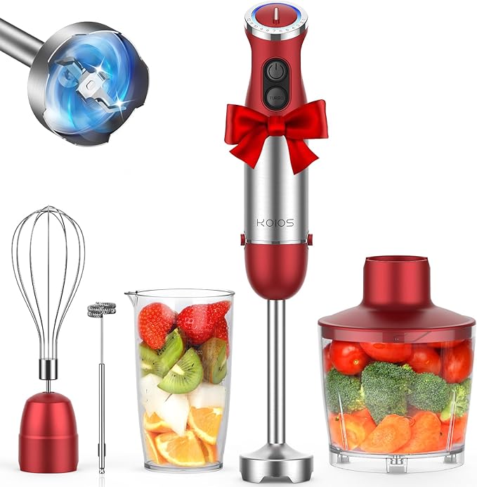 KOIOS 5-in-1 Hand Immersion Blender 1000W 12 Speed Handheld Blender Stick with Copper Motor Stainless Steel Blade 600ml Mixing Beaker500ml Food Processor Whisk Milk Frother Non-BPA Red