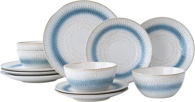 12 Pieces Ceramic Dinnerware Sets Handmade Reactive Glaze Plates and Bowls Sets Stoneware Set Dishwasher &amp Microwave Safe Dishes set Blue Relievo