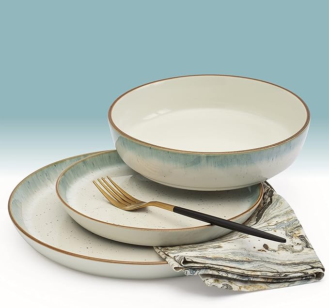 Tabletops Gallery Speckled Farmhouse Collection- Stoneware Dishes Service for 4 Dinner Salad Appetizer Dessert Plate Bowls 12 Piece Hanover Dinnerware Set in Teal