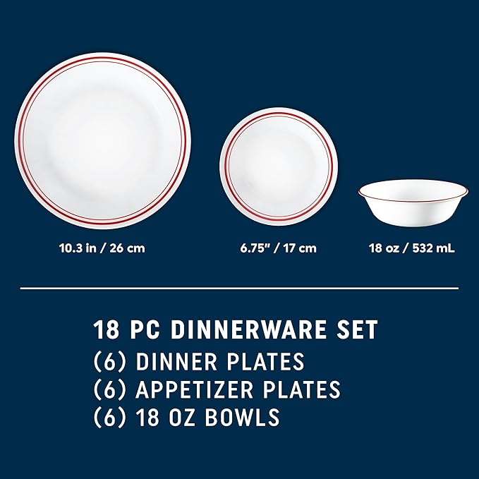 Corelle Vitrelle 18-Piece Service for 6 Dinnerware Set Triple Layer Glass and Chip Resistant Lightweight Round Plates and Bowls Set Logan