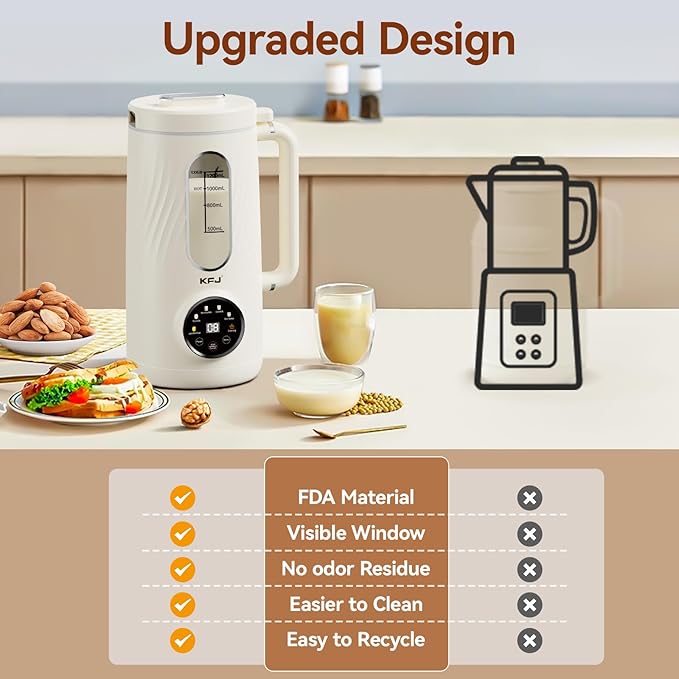 KFJ 8 in 1 Nut Milk Maker Machine 41oz Homemade Coconut Soy Oat Almond Plant Based Milks and Non-Dairy Beverages with Delay Start/Boil Water/Self-Cleaning White