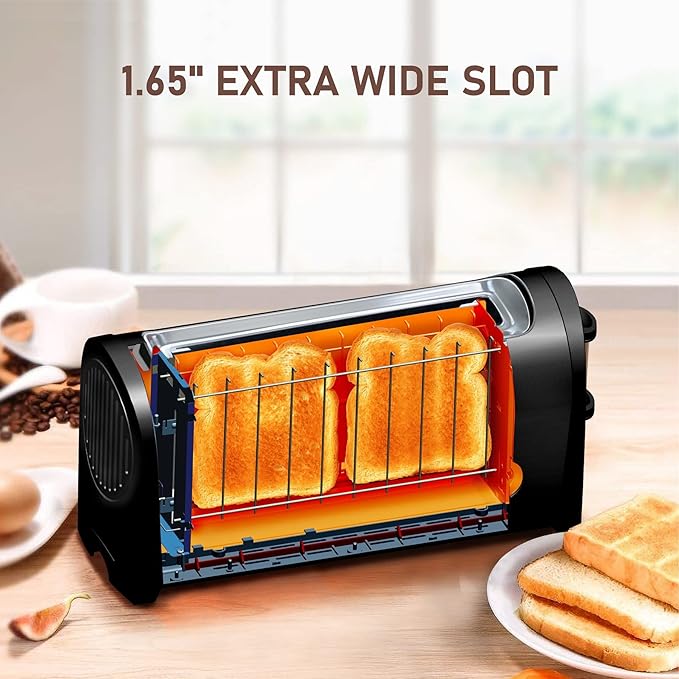 Long Slot Toaster with Cover 2 Slice 1.65'' Extra Wide Slot Stainless Steel Toasters with Reheat Defrost Cancel Functions6 Shade Settings Single Slim Bread ToasterRemovable Crumb TrayMatte Black
