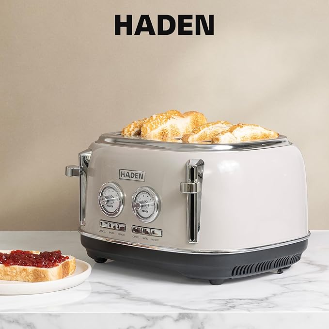 Haden Dorset 4-Slice Wide-Slot Toaster Stainless-Steel Bread Toaster with Adjustable Browning Control Crumb Tray &amp Non-Slip Feet Putty &amp Chrome