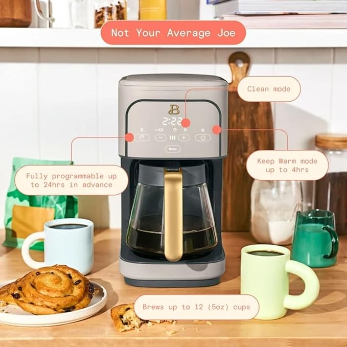 12-Cup Programmable Coffee Maker with 24h Timer &amp Brew Strength Settings Drip Brewer for Rich Flavor (Porcini Taupe)