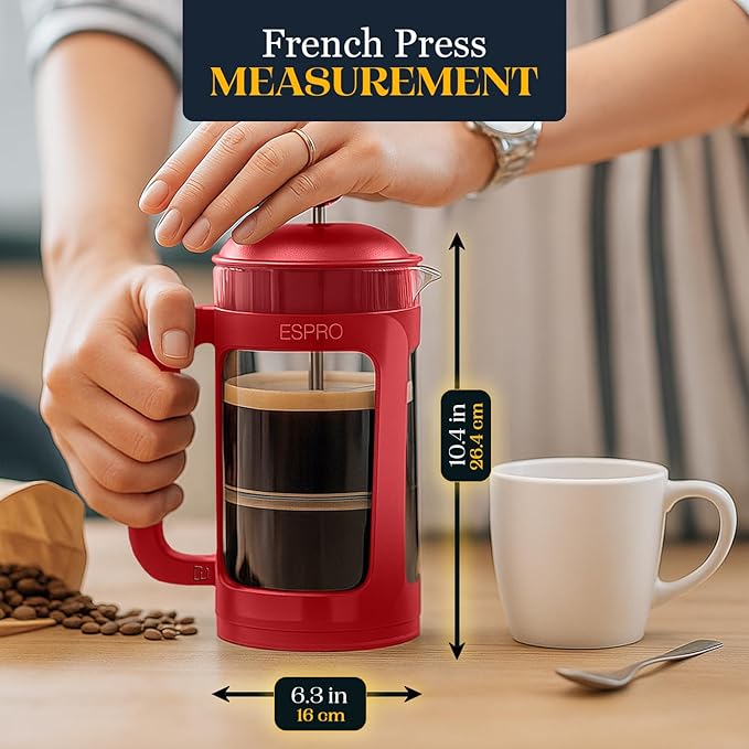 ESPRO P3 French Press Coffee Maker – Patented Double Micro-Filter for Grit-Free Brew Heat Resistant thicker Borosilicate Glass Coffee press – Red (32oz)