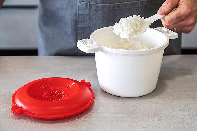 KitchenCraft Rice Cooker - Microwave Steamer BPA Free Plastic 1.5 Litre White/Red