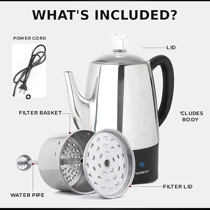 Mixpresso 10 Cup Percolator Coffee Pot Electric Stainless Steel Coffee Percolator Electric With Keep Warm Function Classic Perculator Pot With Removable Basket for Home or Office