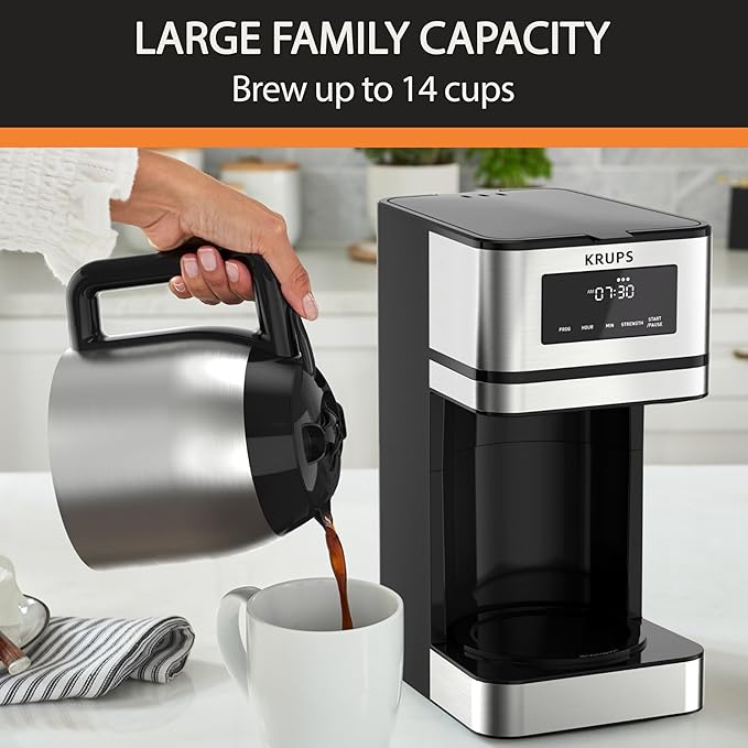 Krups Simply Brew Stainless Steel and Thermal Carafe Drip Coffee Maker 12 Cup Programmable Customizable Digital Display Insulated Coffee Filter Dishwasher Safe Drip Free Silver and Black