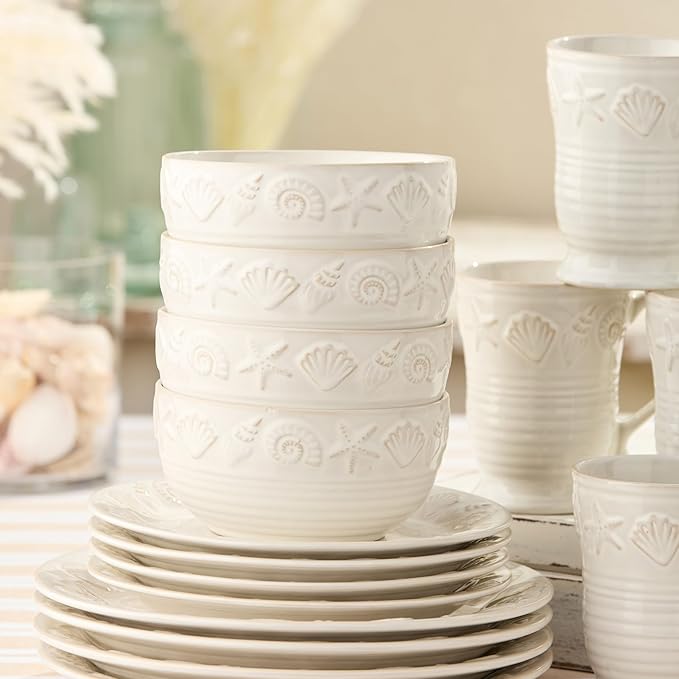 Coastline Cream 16-Piece Stoneware DINNERWARE SETSERVICE for 4 with embossed coastal shells and starfish detailing durable beach house tableware for relaxed coastal living and everyday dining