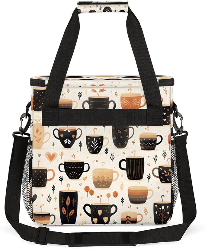 Coffee Cup Print Coffee Maker Travel Bag for Keurig K-Mini/K-Mini Plus Insulated Waterproof Tote with Pockets Portable Single-Serve Brewer Case