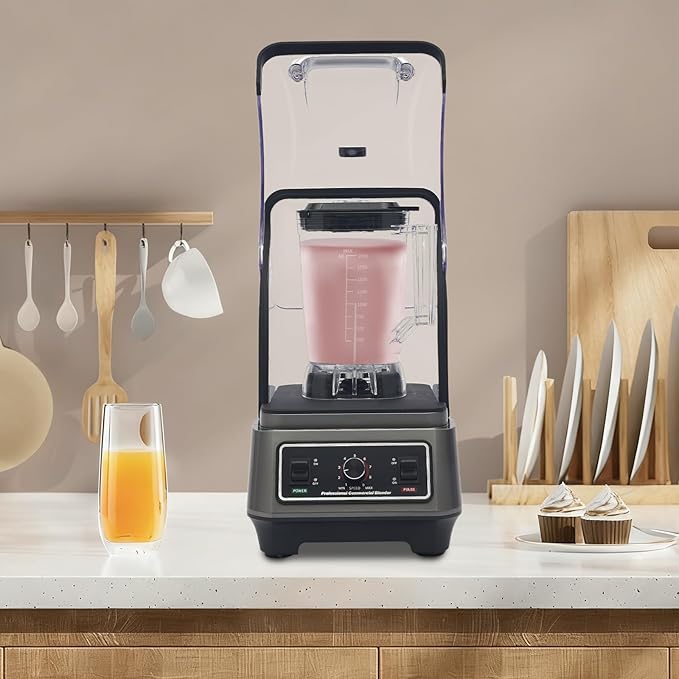 1600W Commercial Countertop Blender with Shield 23000 RPM &amp 68 Oz Container Stainless Steel 9-Speed &amp Pulse for Crushing Ice Smoothies Soups Heavy Duty Quiet Blender for Restaurant Cafe