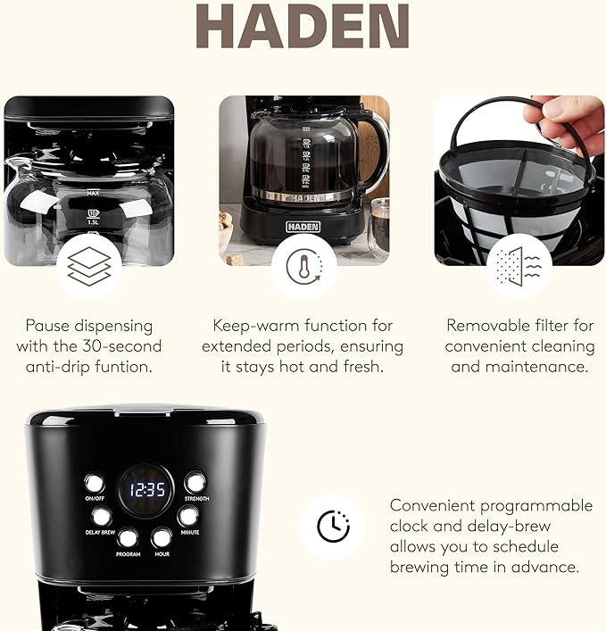 Haden 12 Cup Programmable Drip Coffee Maker Coffee Machine Bundled with Heritage 2 Slice Wide Slot Stainless Steel Toaster Turquoise &amp Chrome