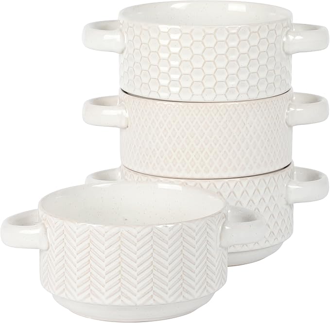Gibson Elite Oyster Tide Embossed 6 Inch Soup Bowls with Handles. French Onion Soup Crocks Stackable Soup Bowl Chili Beef Stew Reactive Glaze Stackable Ceramic Bowl Set of 4 White