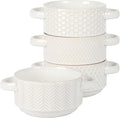 Gibson Elite Oyster Tide Embossed 6 Inch Soup Bowls with Handles. French Onion Soup Crocks Stackable Soup Bowl Chili Beef Stew Reactive Glaze Stackable Ceramic Bowl Set of 4 White