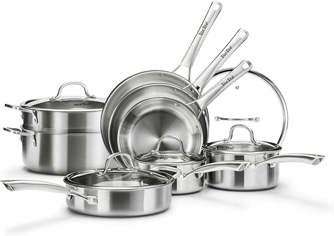 Stainless Steel Cookware SetTir-Ply Pots and Pans Set13 Pcs Stainless Steel Induction Kitchen Cookware SetsPFOA Free Frying Pans Butter warmerSaute Pan &amp Stock PotCompatible with All Cookto