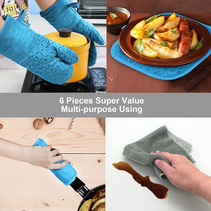 KEGOUU Oven Mitts and Pot Holders 6pcs Set Kitchen Oven Glove High Heat Resistant 500 Degree Extra Long Oven Mitts and Potholder with Non-Slip Silicone Surface for Cooking (Sky Blue)