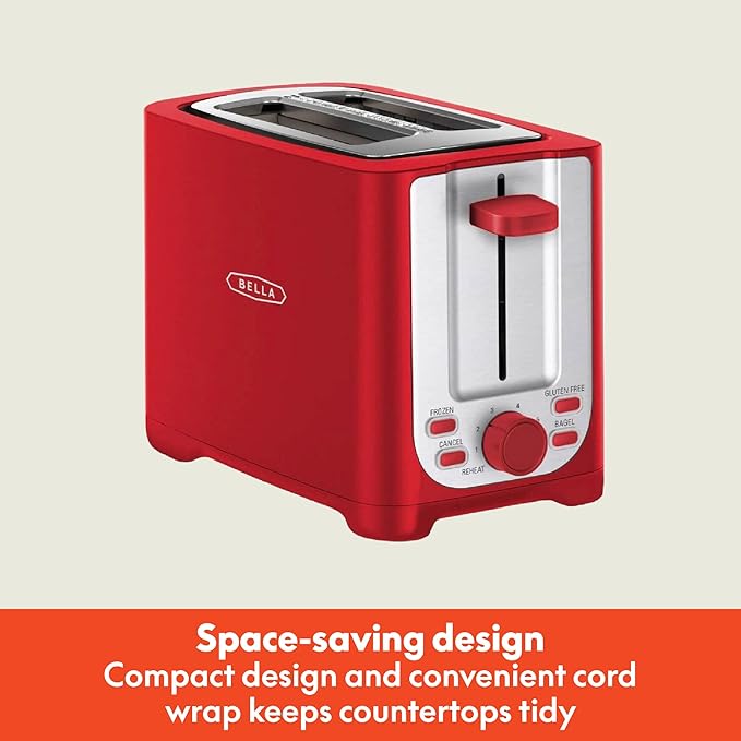 BELLA 2 Slice Toaster with Auto Shut Off - Extra Wide Slots &amp Removable Crumb Tray and Cancel Defrost &amp Reheat Function - Toast Bread Bagel &amp Waffle Red