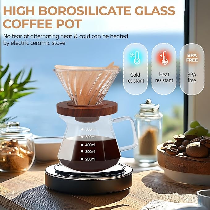 Pour Over Coffee Maker 600ml Borosilicate Glass Drip Coffeemaker Server Set with 100pcs V60 Cone Paper Filters Walnut Collar Glass Lid Clear Hand Brew Dripper Carafe for Home Camping Travel 20.3oz