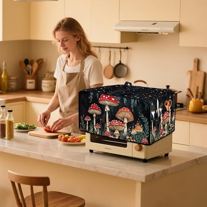 Doojoayie Black Toaster Cover 8 Slice Universal Fit Small Appliance Covers with Top Handle Design Mushroom Print Kitchen Decoration Gift for Mother Wife or Anyone Who Loves to Cook