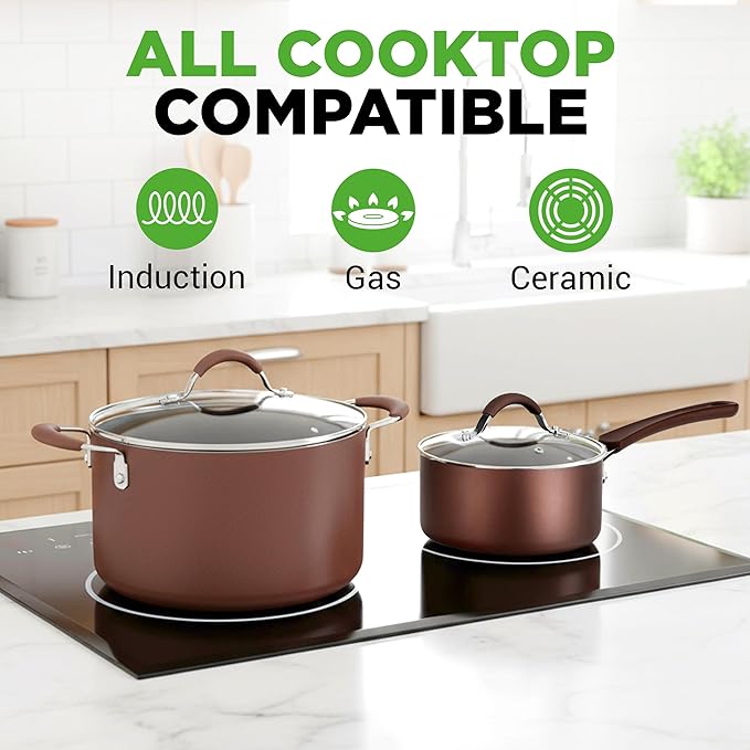 NutriChef 20 Piece Professional Home Kitchen Cookware and Bakeware Pots and Pans Set Non Stick Kitchenware Cool-Touch Handles Safe for Gas Electric Induction Cooktops Easy Clean Brown