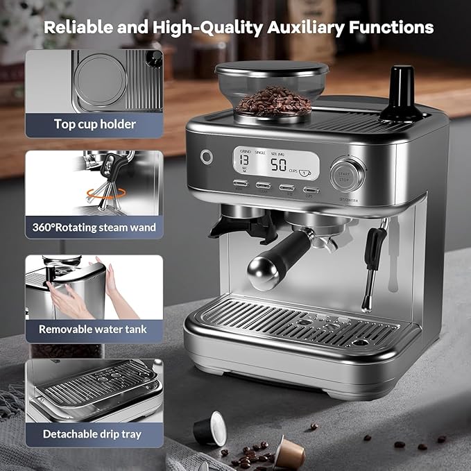 Espresso Machine With Grinder15 Bar Espresso Coffee Machine With LCD Smart Screen and PID Temperature Control for Cappuccino/Latte Stainless Steel