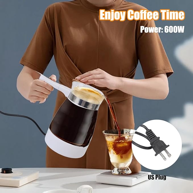 600ML Electric Turkish Coffee Maker 600W Electric Turkish Coffee Pot Glass Stainless Steel Coffee Tea Warmer Kettle Removable Anti Scald Handle for Home Heat Water Tea