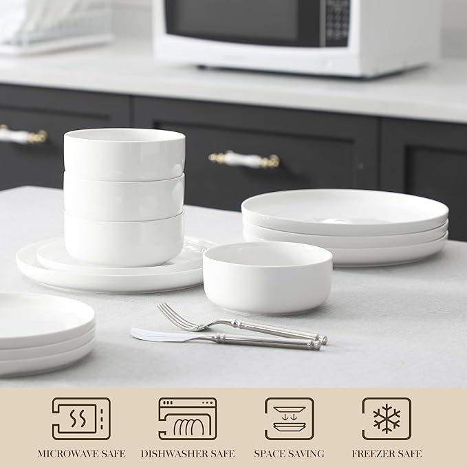 MALACASA Plates and Bowls Sets 24 Pieces Modern Porcelain Dinnerware Set for 8 Ceramic Dishware Dishes White Kitchen Dinner Dining Ware Set Microwave and Dishwasher Safe Series LUNA